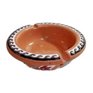 Ash Tray Red Clay Cerami  Signed Souvenir Hand Painted Vintage